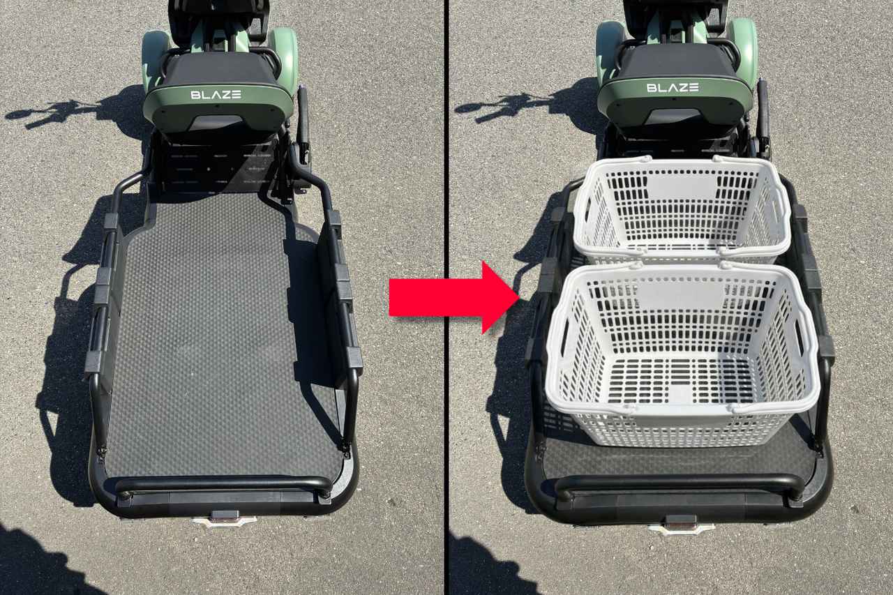 画像: 車体後部の荷台には、買い物かごを2つ載せられる。