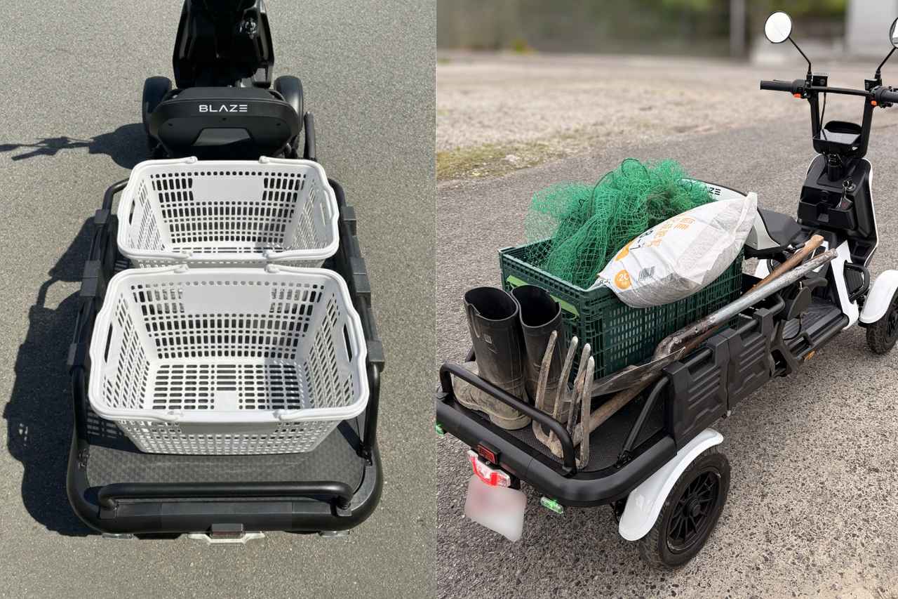 画像: 車体後部の荷台には、買い物かごを2つ載せられる。