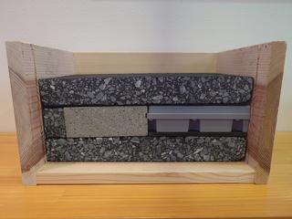 舗装断面の模型。真ん中にあるのが無線給電ユニット（GA）だ。