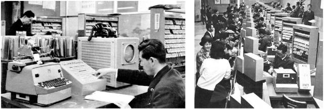 画像: 図2. 開設当時の座席予約窓口の状況 (左 : MARS-1(東京駅・1960年)、右 : MARS-101(東京駅・1965年)