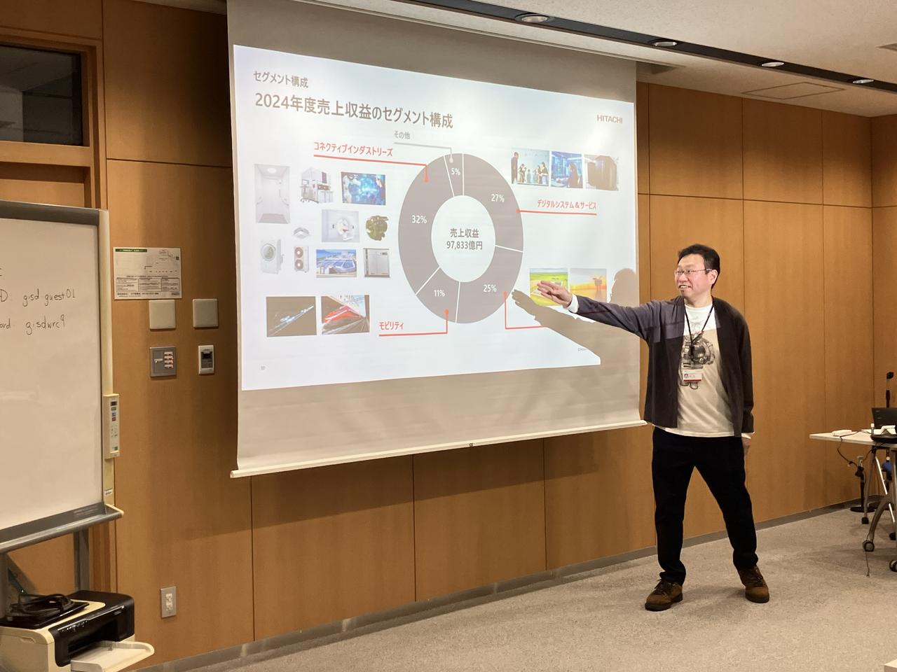 画像: 有志社員による会社説明。終始ニッコリ笑顔の表情に、生徒の皆さんも緊張がほぐれた様子でした！