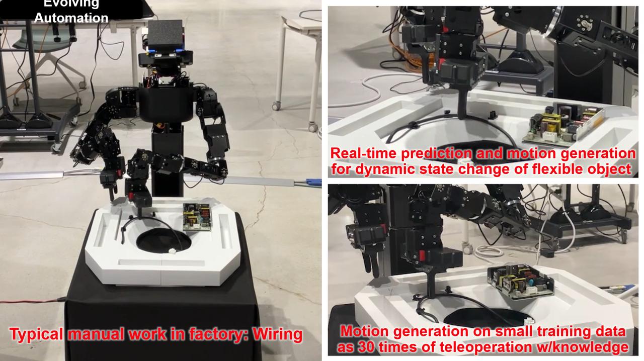 画像: (写真:熟練者の動きを学習したAIロボットが、2本指で器用にケーブルをつまみ作業する様子)