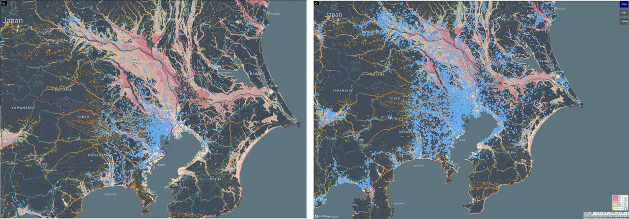 画像: 企業情報の分布図（青点が拠点の所在地を表す） 左図―本社：都市部に集中、右図―全拠点（製造拠点を含む）：広範囲に分布