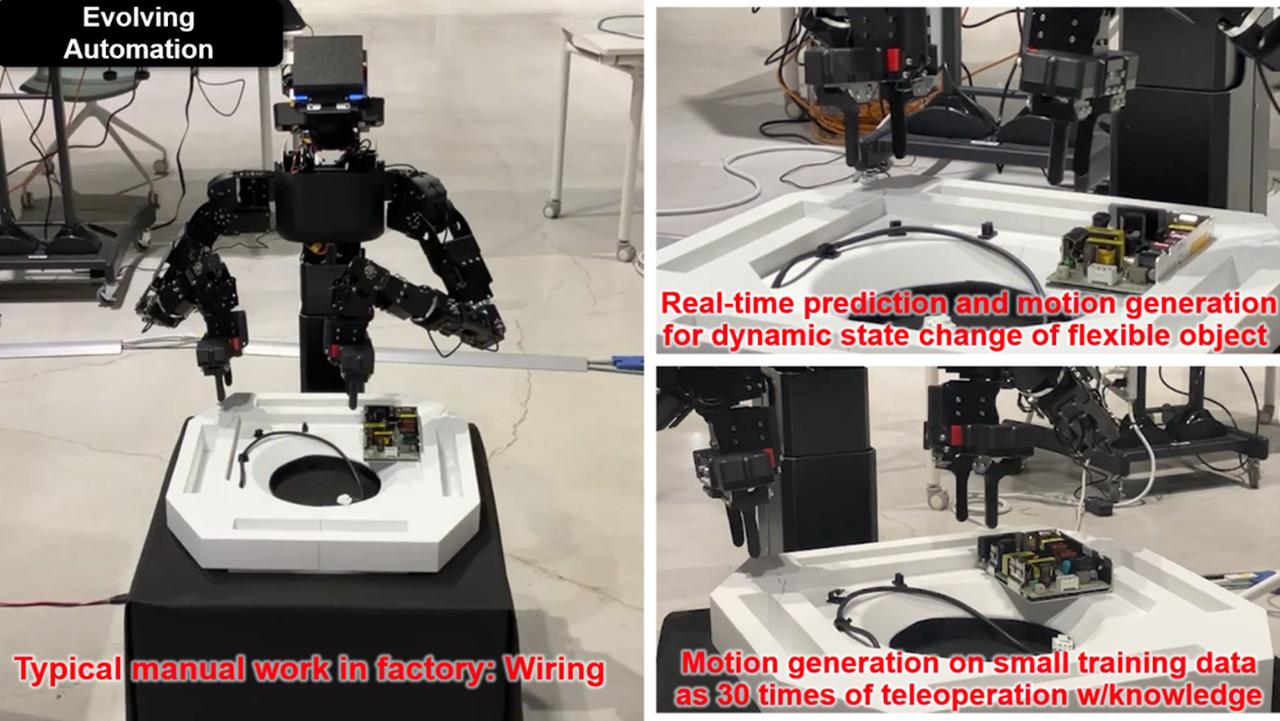 画像: Caption: An AI robot reproduces skilled human movements to handle flexible cables.