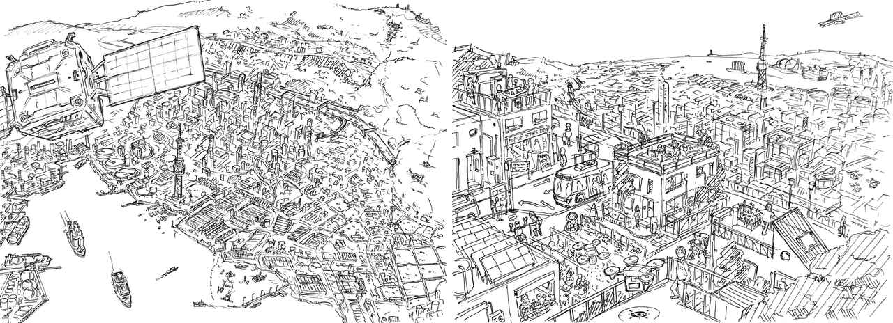 画像: A panoramic view of the future society from city center out to the suburbs (created August 2023)