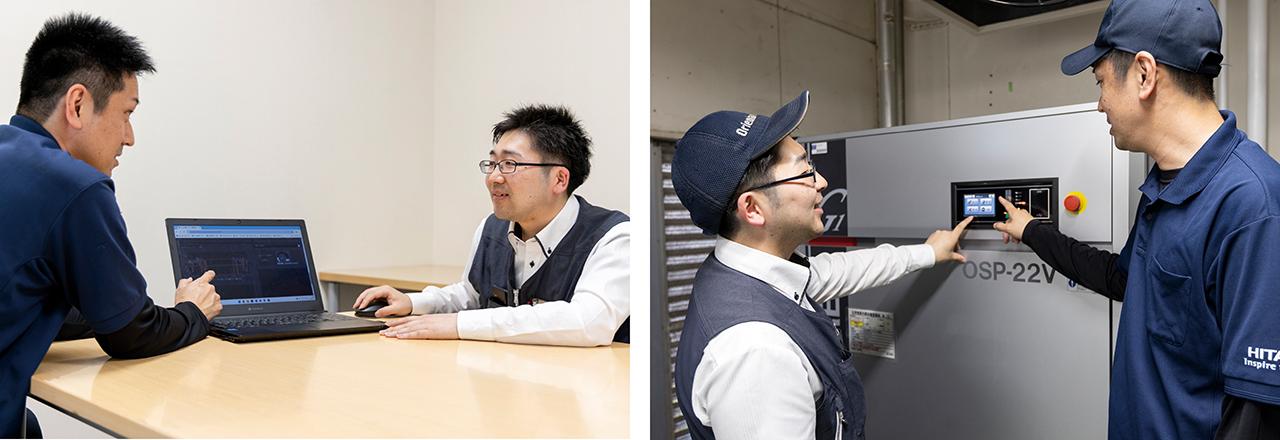画像: 左:田井様にメンテナンス計画をご提案する上田。 右:空気圧縮機の稼働状態を確認する。