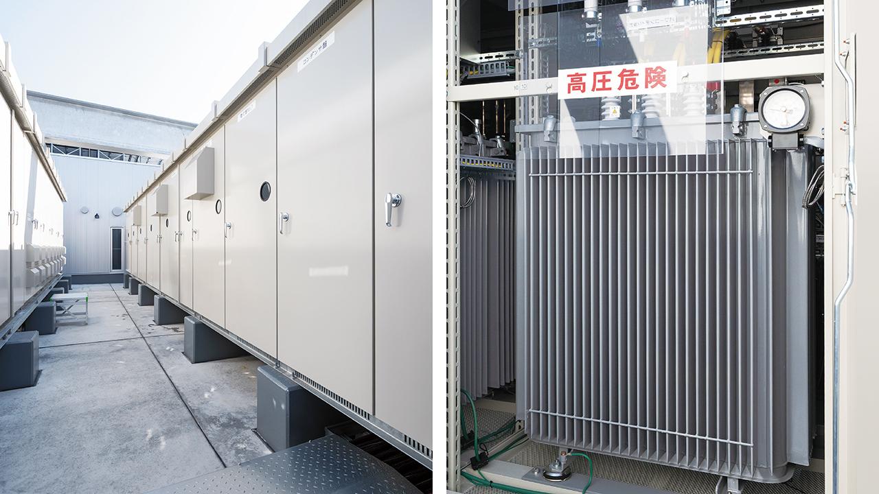 画像: 日立環境調和型変圧器「Superアモルファス奏」を収めたキュービクル(左) 日立環境調和型変圧器「Superアモルファス奏」(右)
