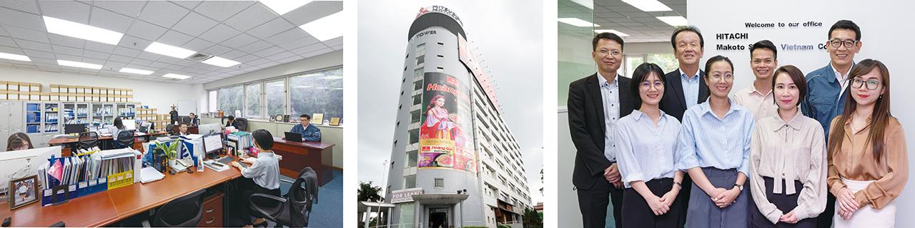 画像: お客さまを支える営業部門とサービス部門のスタッフの皆さん（左） ハノイ市中心部にオフィスを構える（中） 代表者の長井様（後列左から2人目）を中心とするスタッフの皆さん（右）