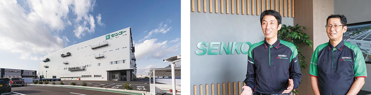 画像: 左：小牧北第２PDセンターの外観 右：小牧北支店 小牧北第２PDセンター 量販倉庫係 職長 梅田幸治 様（右）　同係長 鈴木資巳 様（左）