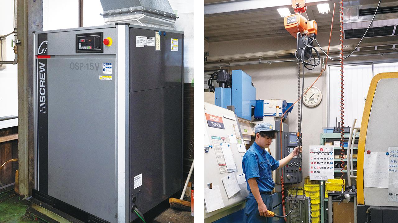 画像: 日立給油式スクリュー圧縮機 G Series（左） 日立電気チェーンブロック（右）