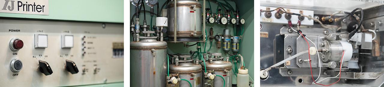 画像: JP-625の操作パネル、同 内部のインク循環部、同 印字ヘッド(左より)