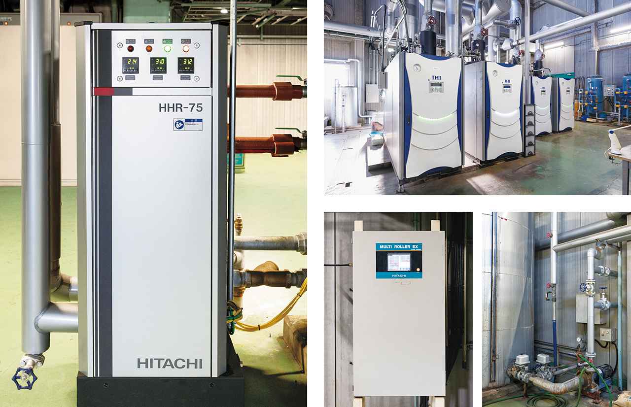 画像: 日立給油式スクリュー圧縮機用廃熱回収ユニットHHR-75（左） 温水として回収された熱エネルギーは貫流ボイラで使われる（右上） 既設の空気圧縮機用の日立台数制御盤とボイラー室の温水パイプ（右下）