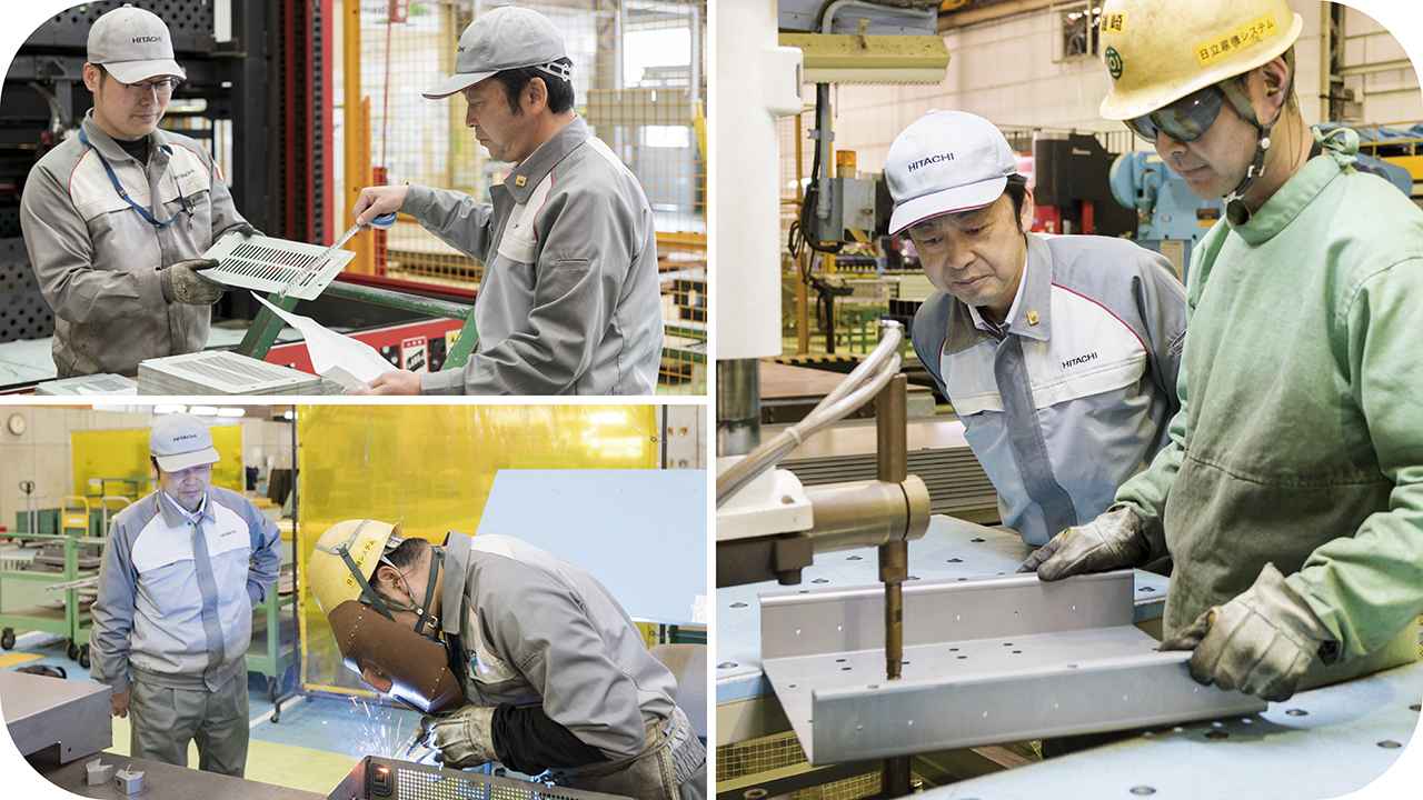 画像: 切断した鋼板の寸法を確認（左上） 最も神経を使う溶接工程（左下） 接合（右）