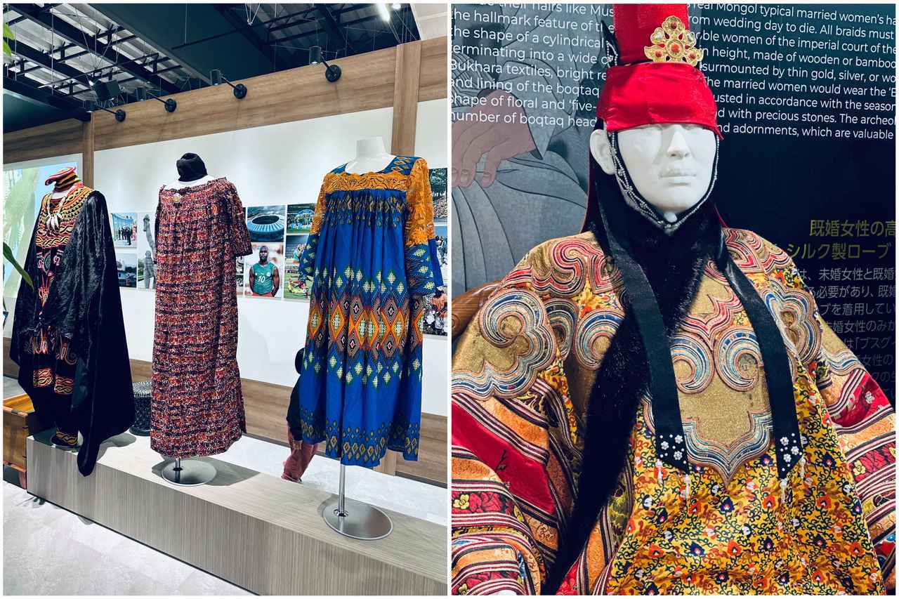 画像: 「コモンズ-D」の展示の一部。（左）キューバブースに展示されている民族衣装。緻密な刺しゅうや模様が美しい・（右）モンゴル貴族の既婚女性が着用するシルク製ローブ