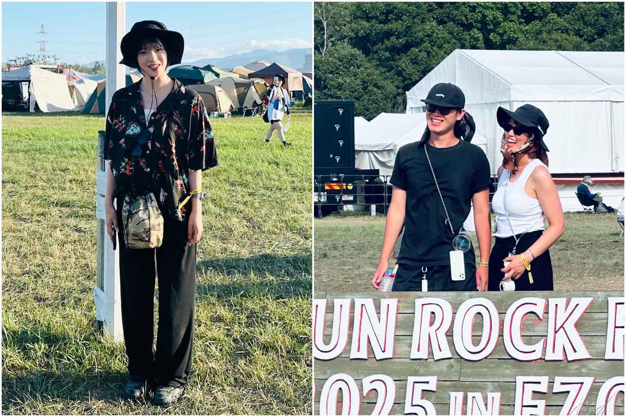 画像: (左)古着のアロハシャツに黒のスラックススタイル。唯一の差し色が真っ赤なリップで潔い・(右)キャップやハットの下にバンダナやスカーフを挟んで頭に巻くスタイルが大流行中! おしゃれだし、日よけや汗取りも兼ねられるので一石二鳥なのだとか