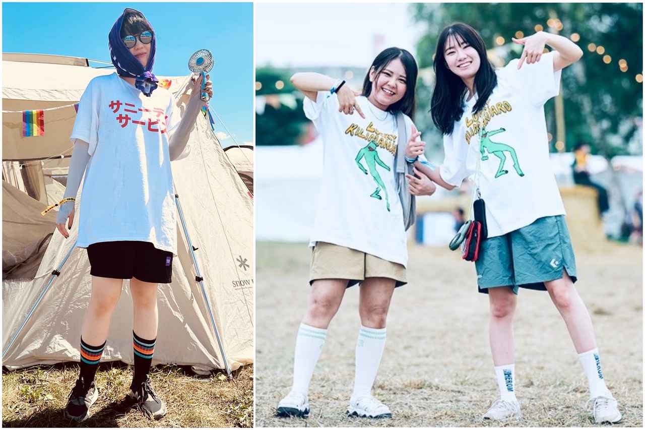画像: (左)サニーデイ・サービスT着用のお手本コーデ。FUJI ROCK FESSTIVAL '25とファミリーマートのコラボラインソックスがポイント・(右)ラッキーキリマンジャロTのアートワークに用いられているベージュやグリーンをハーフパンツの色とリンクさせた好例 ©︎ RISING SUN ROCK FESTIVAL