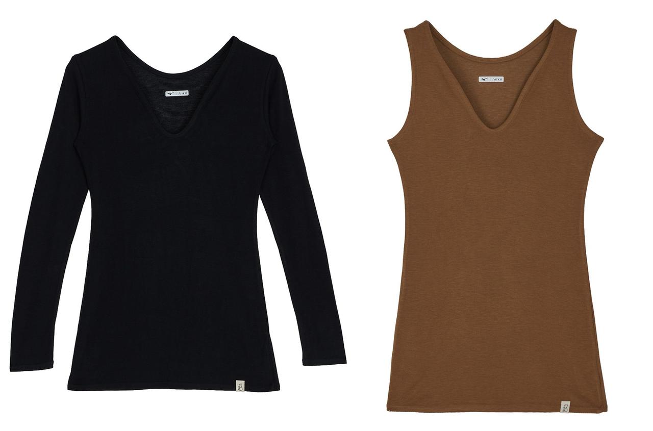 画像: 左「Mizuno×Ameri V NECK LONG SLEEVE TOPS」¥6,000、右「Mizuno×Ameri V NECK SLEEVELESS TOPS」¥5,000 出典:アメリ ヴィンテージ