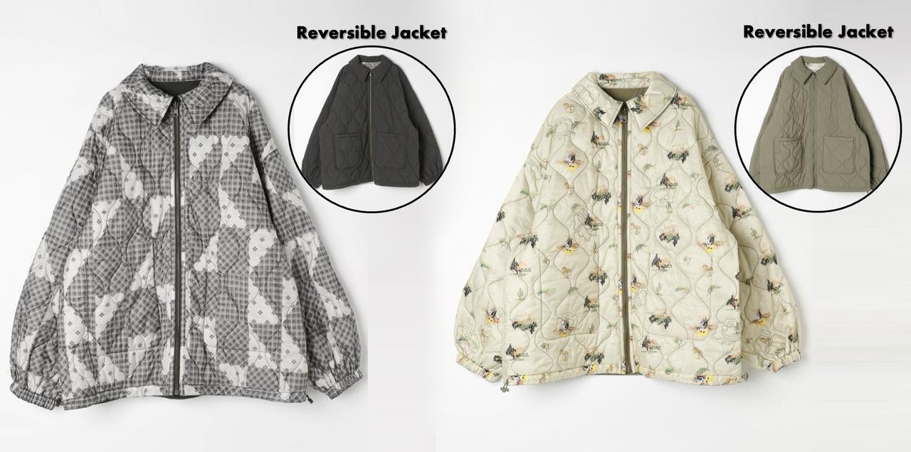 画像: リバーシブルアソート柄キルトジャケット(ブラック/カーキ)各¥10,000(ともにニコアンド)