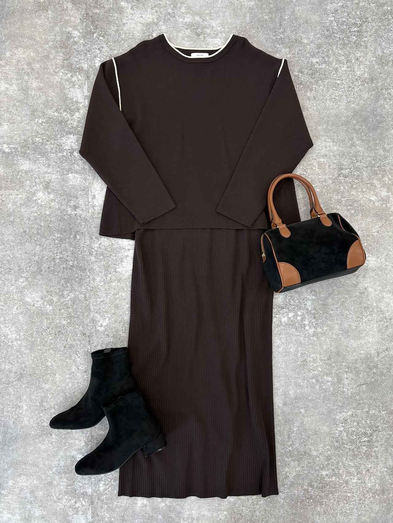 画像: アンチピリングなめらかSET UP/580919（ブラウン）¥7,990、2WAYミニボストン/595750（ブラック配色）¥5,490、らくっション撥水ストレッチローヒール/598275（ブラックスエード）¥7,590（すべてグローバルワーク） 出典：グローバルワーク