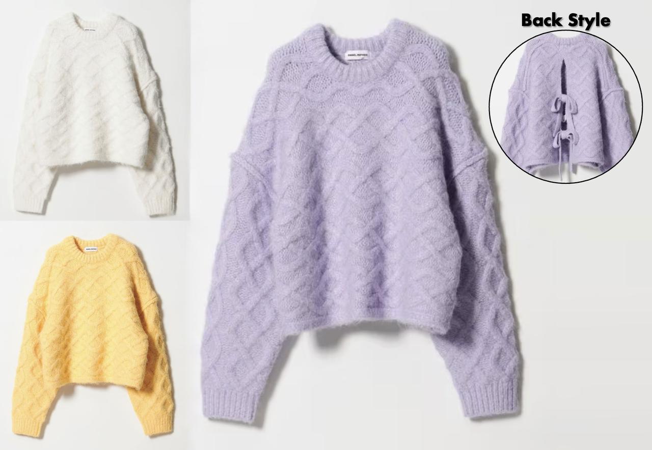 画像: <EMMEL REFINES>EM バックリボン ケーブルニット プルオーバー(ホワイト/イエロー/ライラック)各¥12,980 出典:ユナイテッドアローズ グリーンレーベル リラクシング