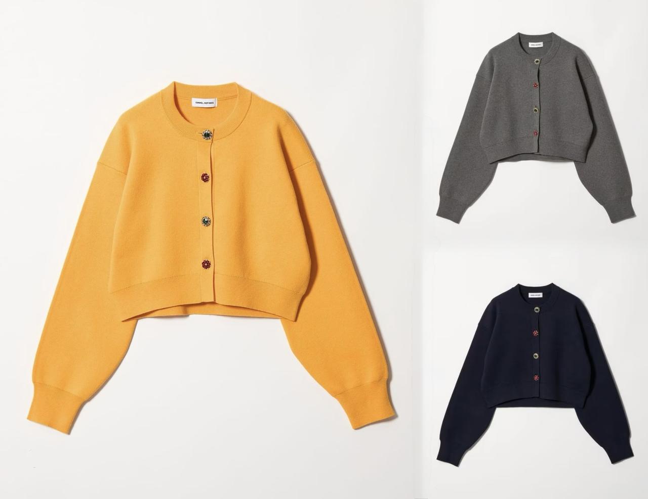 画像: <EMMEL REFINES>EM HW ビジュー ミニ カーディガン(イエロー/ミッドグレー/ネイビー)各¥13,970 出典:ユナイテッドアローズ グリーンレーベル リラクシング