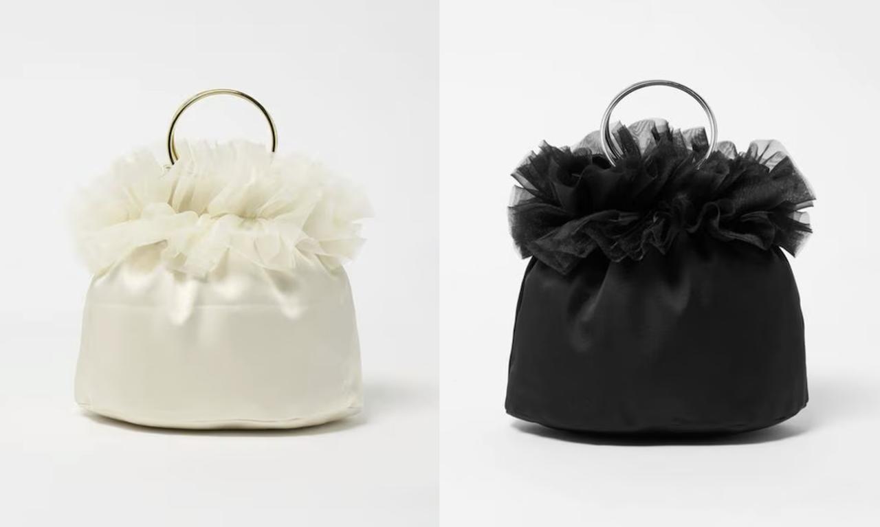 画像: <kaene>サテン フリル バッグ<Select by EMMEL REFINES>(ベージュ/ブラック)各¥11,000(ともにユナイテッドアローズ グリーンレーベル リラクシング)