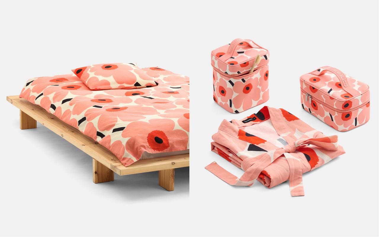 画像: 写真右：Unikko 50×60cm ピローケース ￥10,560、Unikko 150×210cm デュベカバー ￥44,000　写真左：（手前から時計まわりに）Unikko バスローブ ￥48,400、Mini Unikko コスメバッグ ￥23,100、同 コスメティックバッグ￥20,900 ／すべてマリメッコ