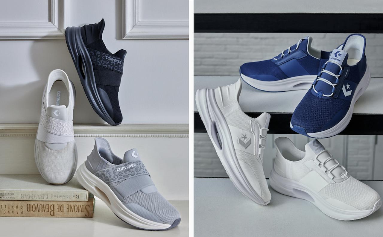 画像: 左 ケイブスター スリットスライド LP XG（ブラック、ベージュ、グレイ）、右 ケイブスター スリットスライド（ダークブルー、ホワイト/ホワイト）各¥9,790 ◾️展開：23.0cm～ 出典：コンバース