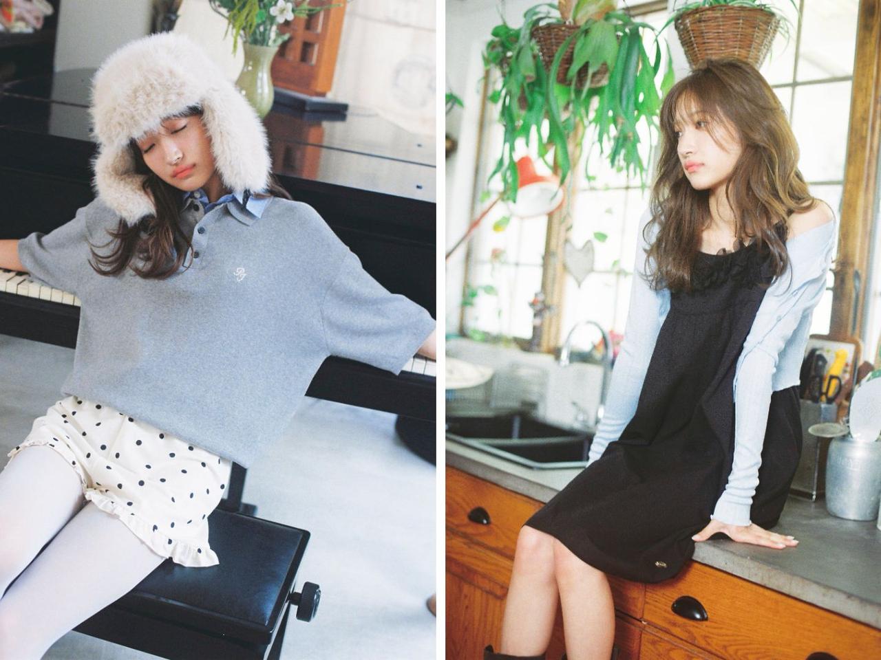 画像: 左「ワンポイント 襟付きニットポロシャツ」￥7,997、右「フラワーディテールキャミワンピース」￥7,997 出典：パブリュクス