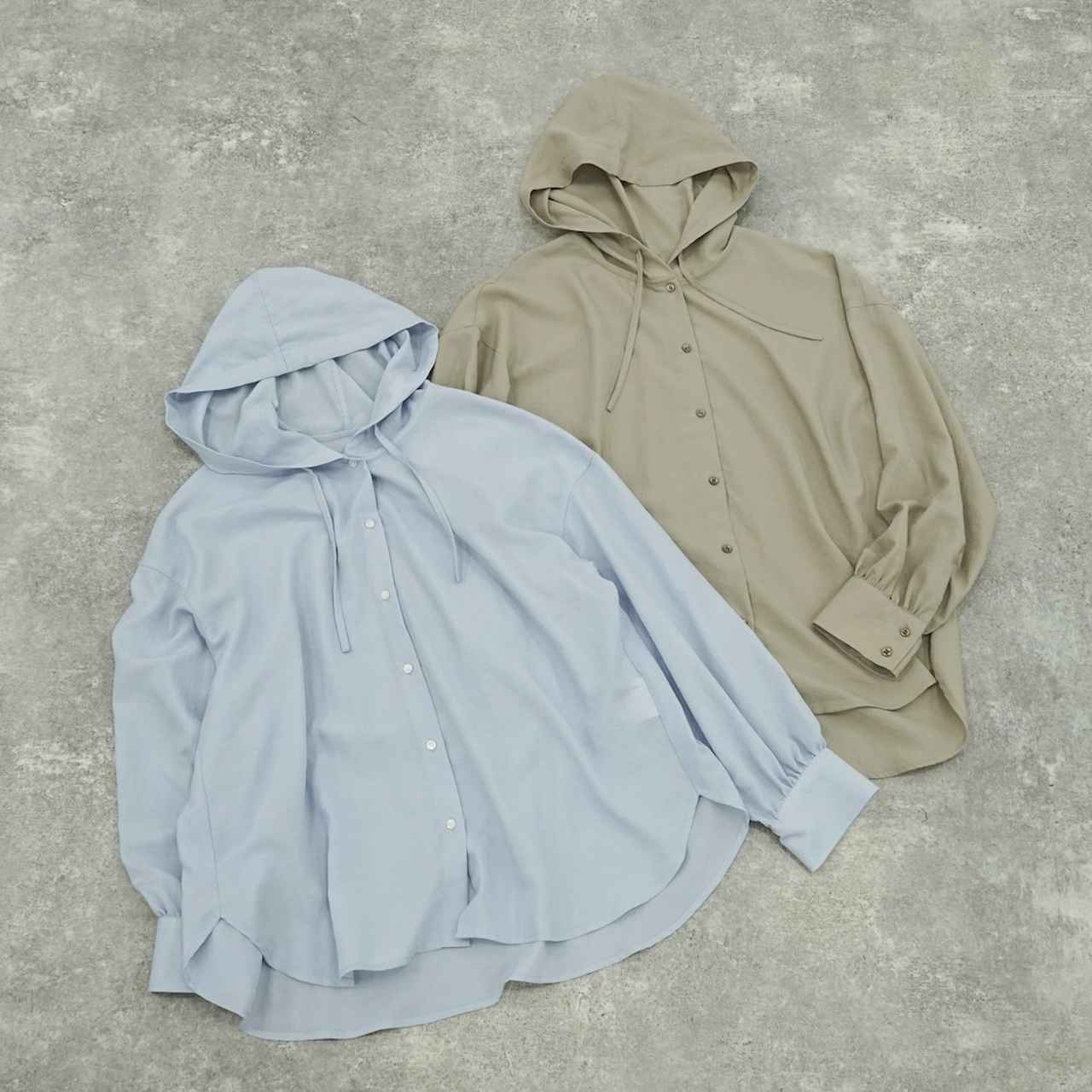 画像: UVプロテクトフードシャツ/646416（サックス、グレージュ）各¥3,990 ◾️UVプロテクト　◾️防シワ　◾️接触冷感 出典：グローバルワーク