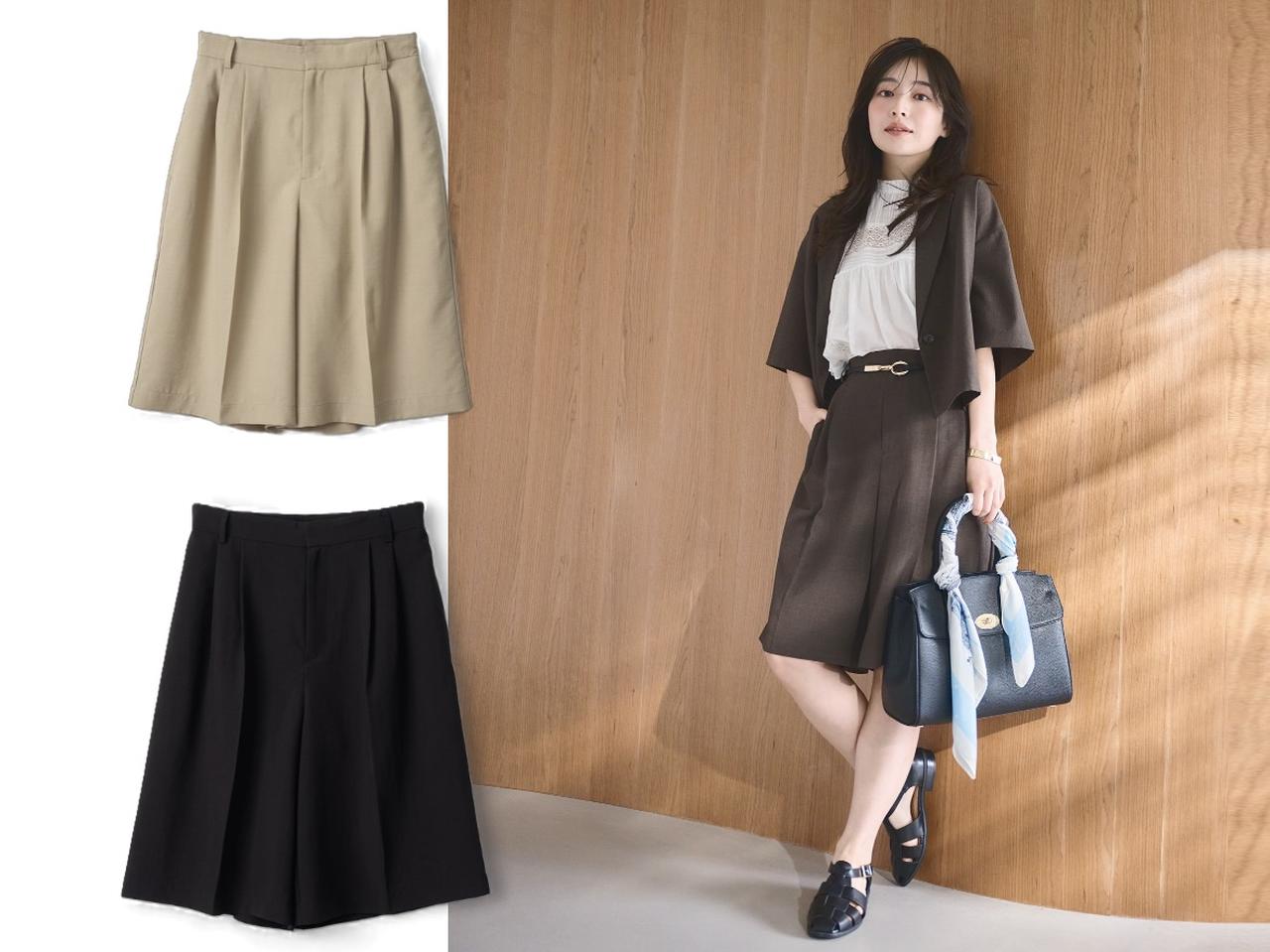 画像: エアリーリネンライク タックハーフパンツ（ベージュ、ブラック、ダークブラウン）各¥4,994 ◾️UVカット ◾️吸水速乾 ◾️接触冷感 ◾️防シワ　※表地に接触冷感素材を使用 出典：ロペピクニック