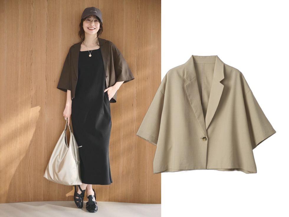 画像: エアリーリネンライク ハーフスリーブジャケット（ダークブラウン、ベージュ）各¥6,996 ◾️UVカット ◾️吸水速乾 ◾️接触冷感 ◾️防シワ 出典：ロペピクニック