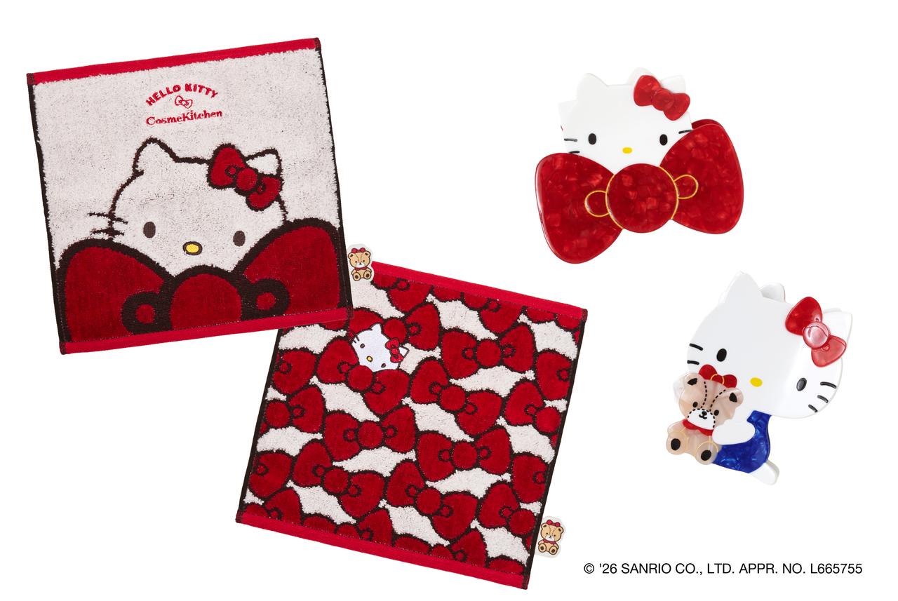 画像: 【コスメキッチン×ハローキティ】〈HELLO KITTY〉 タオルハンカチ［縦25×横25㎝］各¥1,650、〈HELLO KITTY〉 バンスクリップ各¥2,970 www.cosmekitchen-webstore.jp