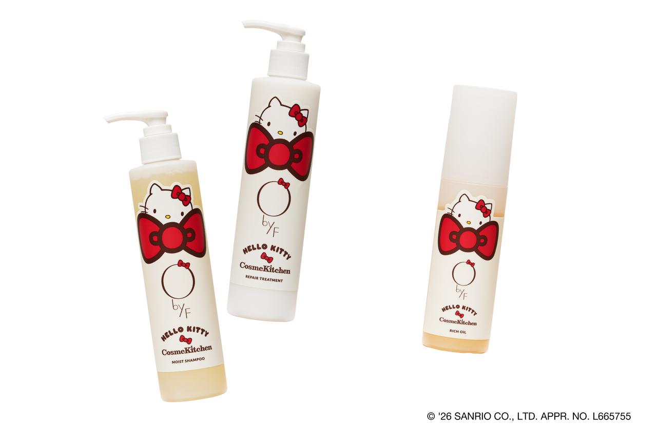 画像: 【オーバイエッフェ】左：〈HELLO KITTY〉モイストシャンプー 250mL ¥3,080、中央：〈HELLO KITTY〉リペアトリートメント 250g ¥3,630、右：〈HELLO KITTY〉リッチオイル 80mL ¥3,410 www.cosmekitchen-webstore.jp