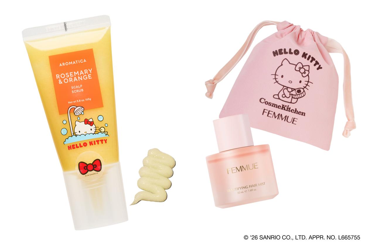 画像: 【コスメキッチン×ハローキティ】左：〈HELLO KITTY〉ローズマリー＆オレンジスカルプ スクラブ（165g）¥2,310、右：〈HELLO KITTY〉ビューティファイング ヘアミスト（50ml）¥4,950 www.cosmekitchen-webstore.jp