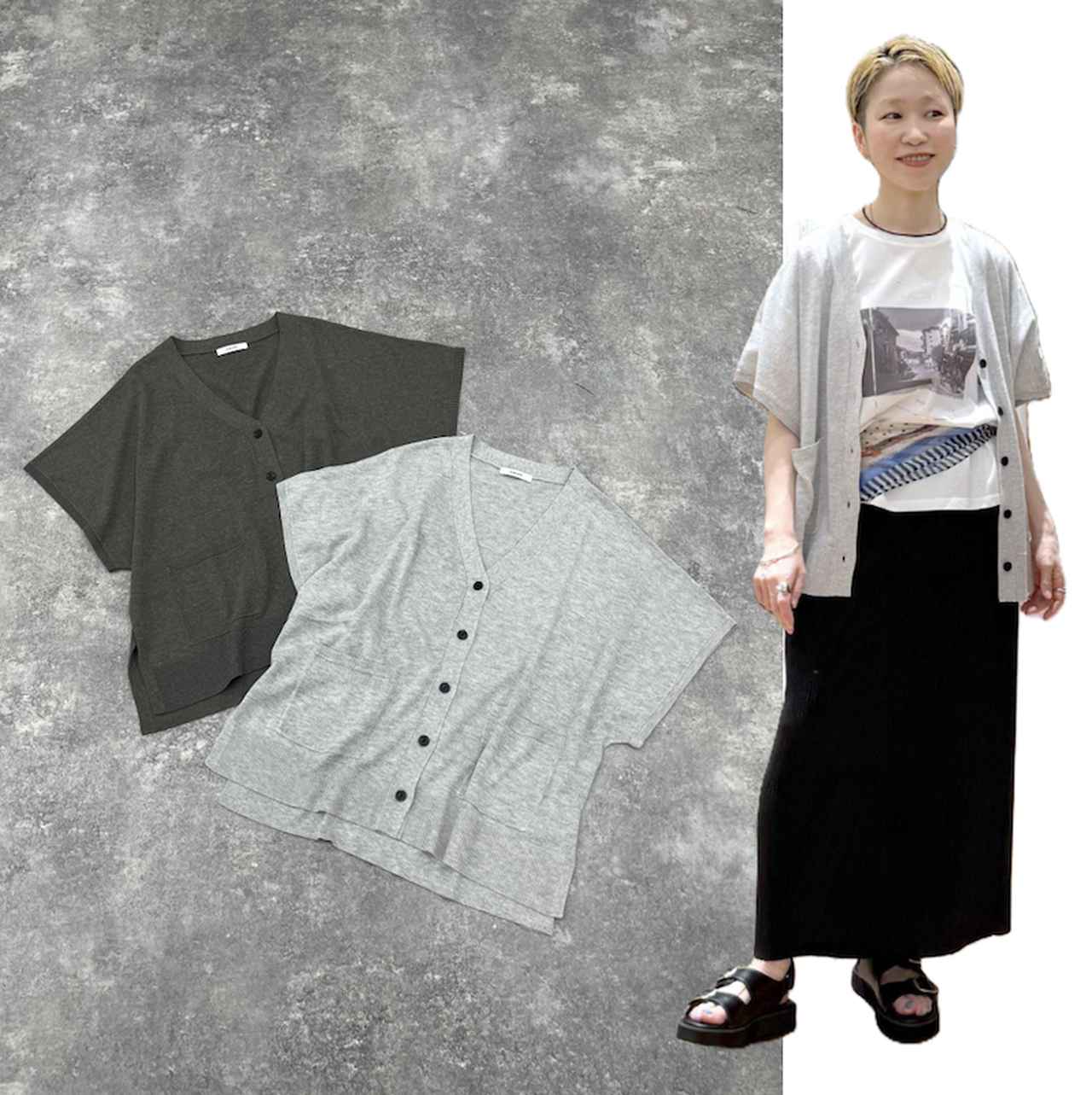 画像: リネン混ニットVネックカーディガン半袖(グレー、アッシュブラウン)各¥4,990 出典:グローバルワーク