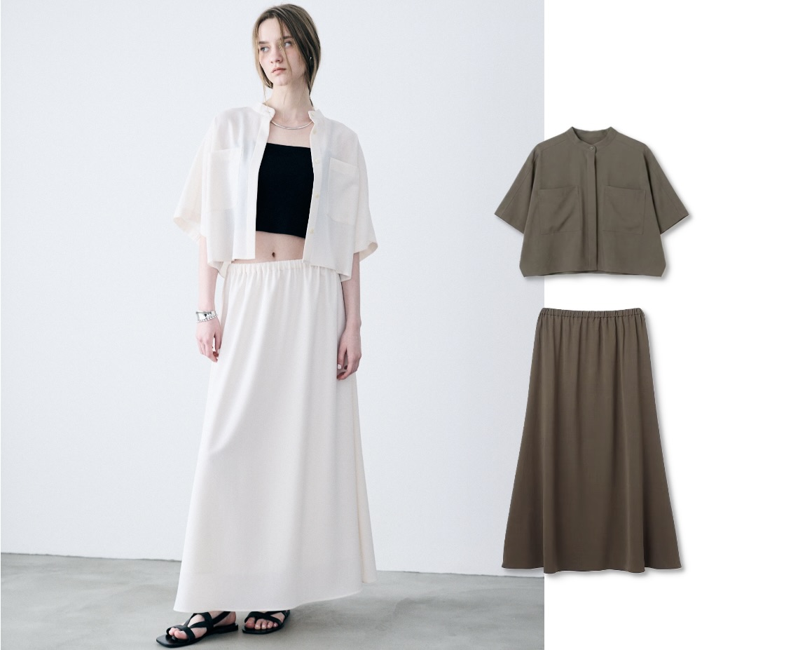 画像: ドライタッチトロ ドルマンシャツ（エクリュ、トープ）各¥18,700、ドライタッチトロ フレアスカート（エクリュ、トープ）各¥17,600（すべてアンクレイヴ） ◾️接触冷感 ◾️ウォッシャブル ◾️防シワ  出典：アンクレイヴ