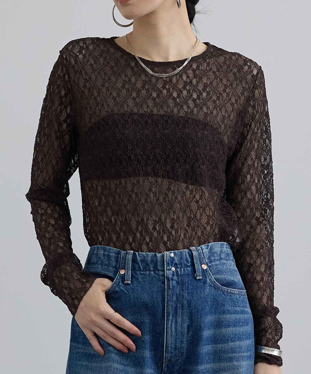 画像: シアーストレッチレースプルオーバー（ブラウン）¥12,100（サロン アダム エ ロペ）  出典：サロン アダム エ ロペ