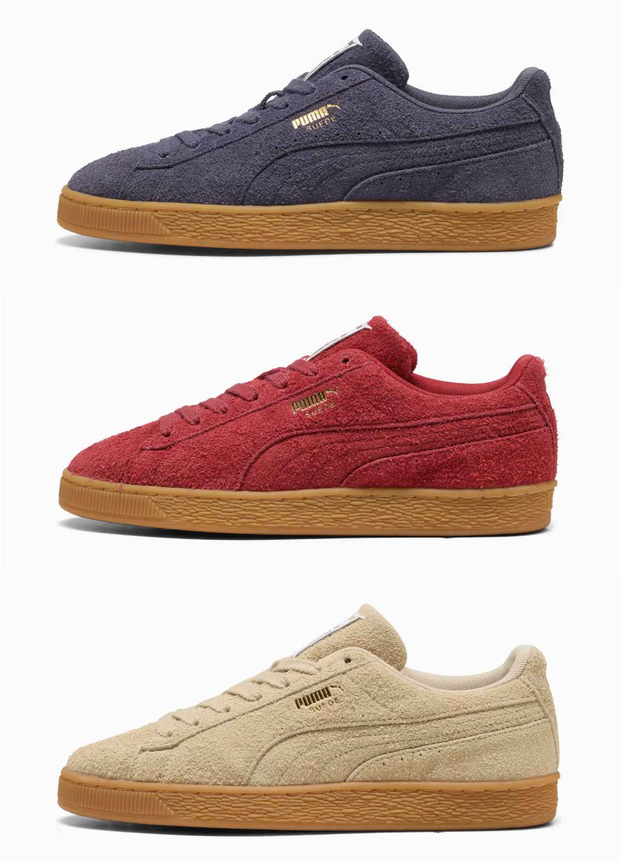 画像: スウェード フォーエバー スニーカー（Inky Depths-Gum、Red Rhythm-Gum、Cashew Brown-Gum）各¥13,200（すべてプーマ） 展開：22〜29、30cm  j出典：プーマ