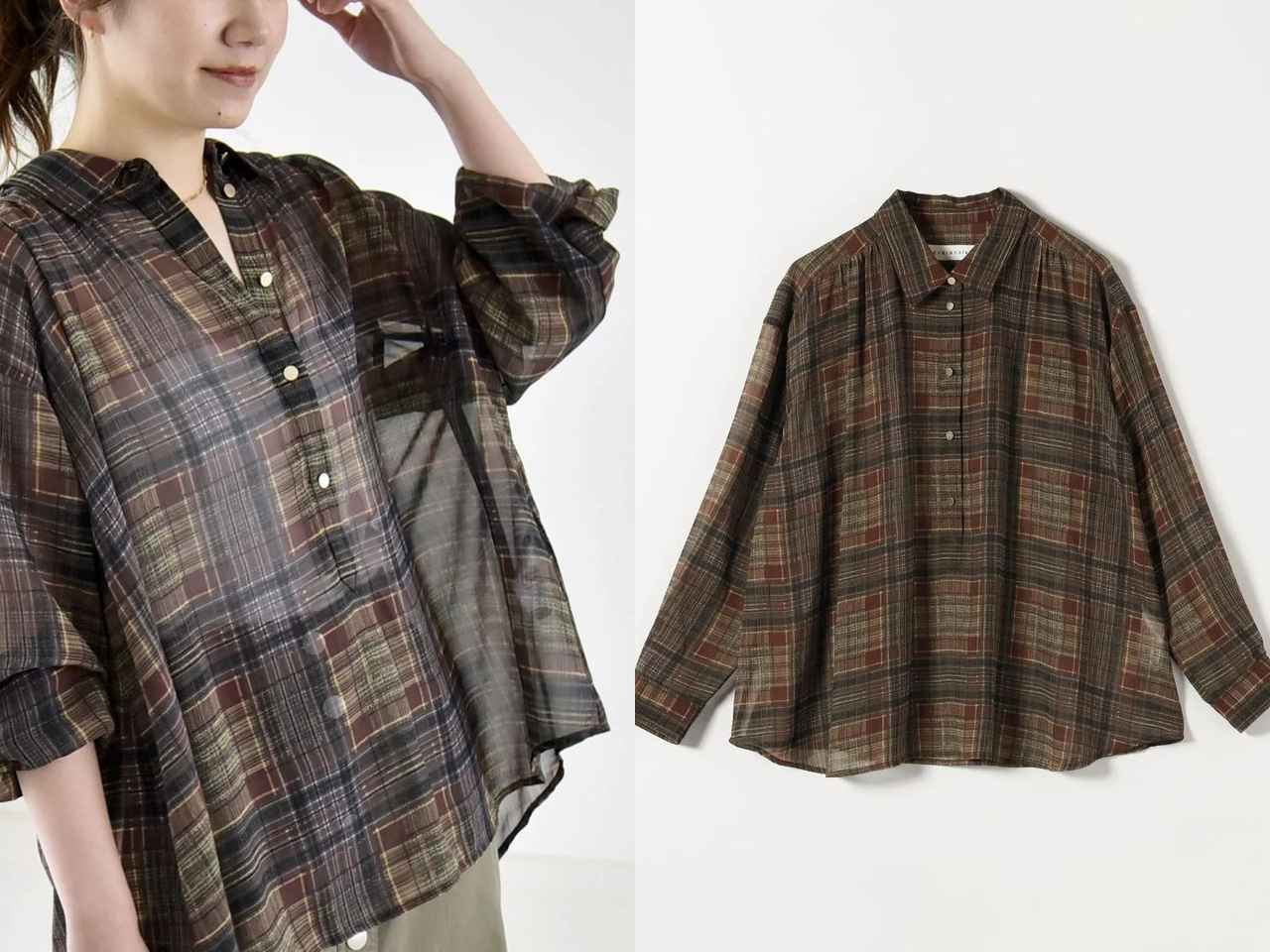 画像: 「シアー チェック ギャザー プルオーバー シャツ」¥12,100 出典:カランシエル