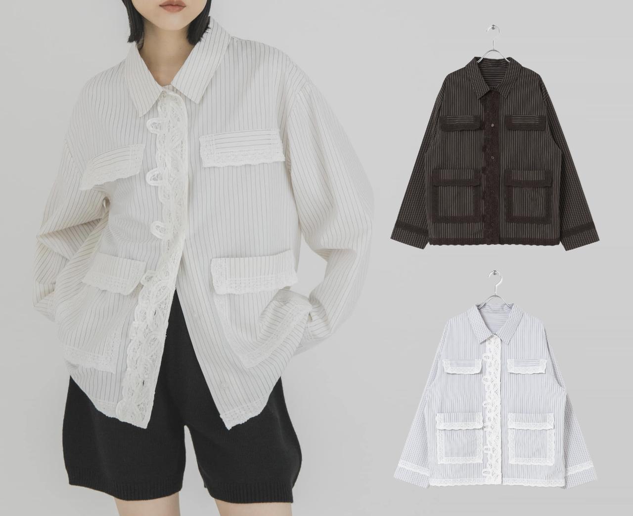 画像: バテンレースストライプシャツ（アイボリー、ブラウン、ブルーグレー）各¥7,700（すべてケービーエフ）  出典：ケービーエフ
