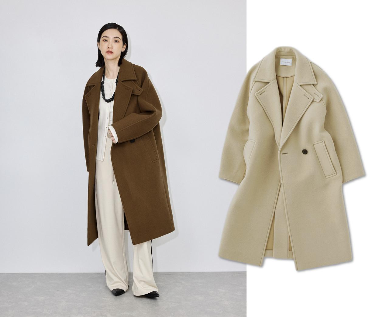 画像: ウールボンディングラグランロングコート(キャメル、ベージュ)各¥49,500(ともにアダム エ ロペ) ◾️11月上旬発売 出典:アダム エ ロペ