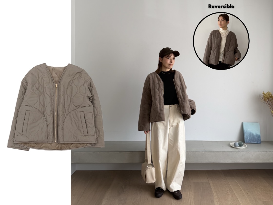 画像: リバーシブルファー＊キルトノーカラーブルゾン（モカ）¥9,990 ◾️リバーシブル ◾️撥水 出典：グローバルワーク