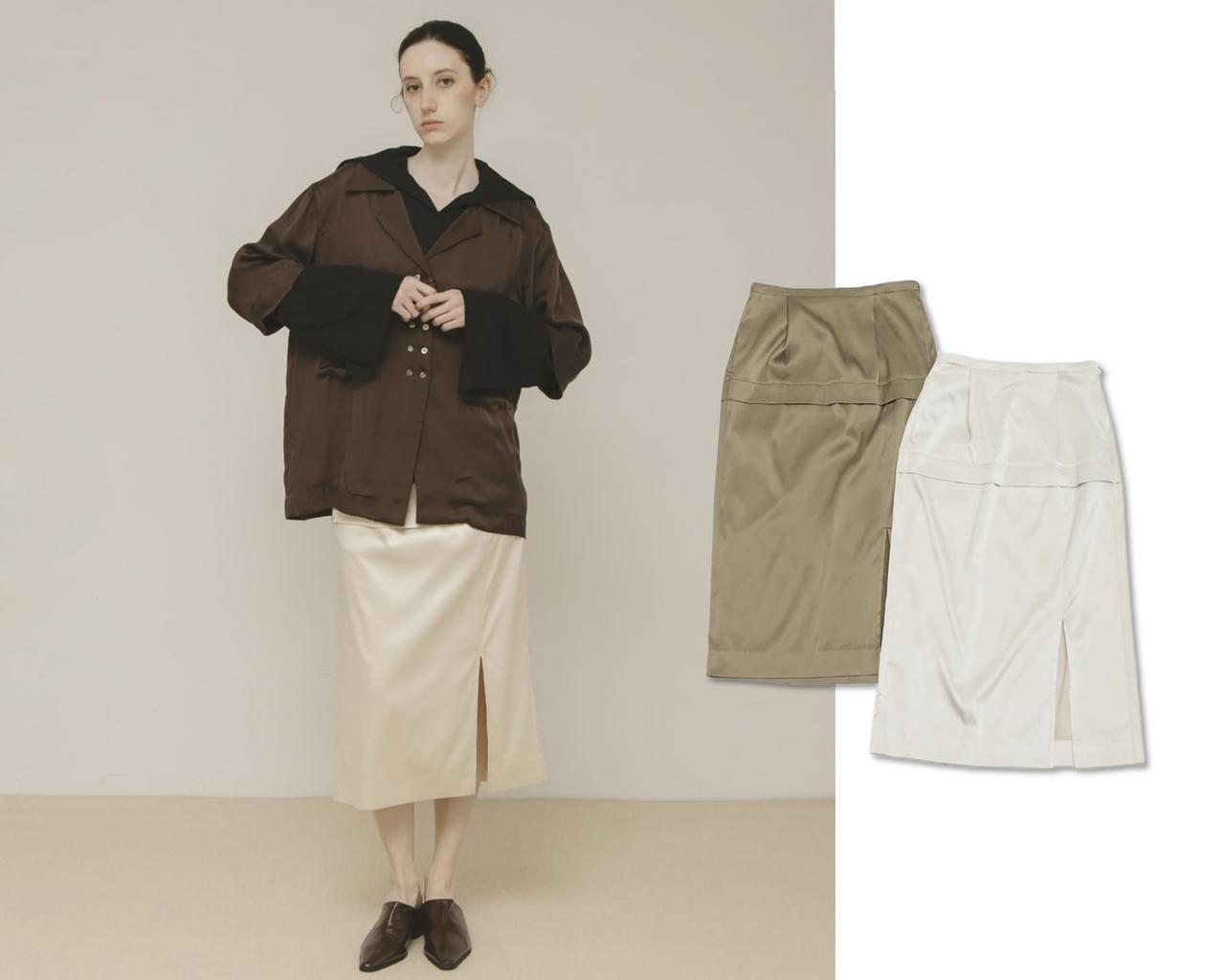 画像: glossy midi skirt（クリーム、モス）各¥15,400（ともにラート）  出典：ラート