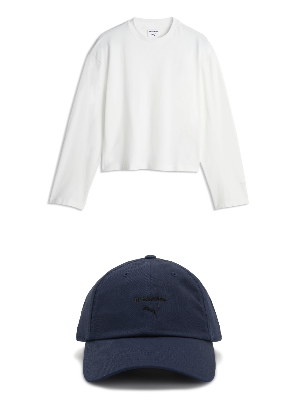 画像: PUMA X JIL SANDER LONGSLEEVE ¥35,000、PUMA X JIL SANDER BB CAP ¥40,000 出典：プーマ