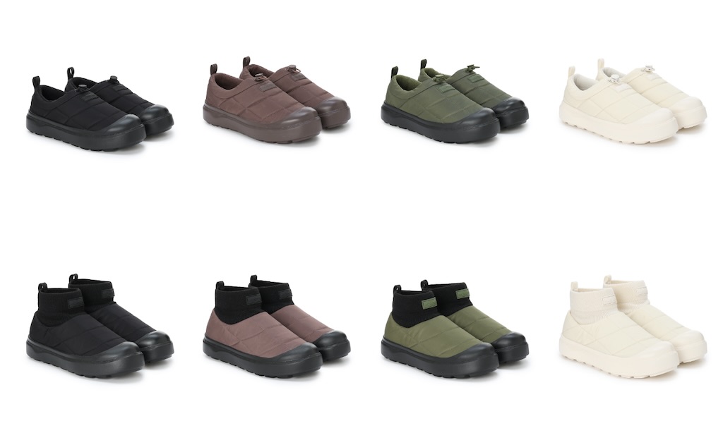 画像: 上：インアウト プロテクト キルテッド ナイロン スリッパ 各¥17,600 ◾️カラー展開：ブラック、ワイルドココア/ブラック、ワイルドカーキ/ブラック、ホワイトウィロー ◾️サイズ展開：22〜28cm（1cm刻み） 下：インアウト プロテクト キルテッド ナイロン ニット カフ ブーツ 各¥18,700 ◾️カラー展開：ブラック、ワイルドココア/ブラック、ワイルドリーフ/ブラック、ホワイトウィロー ◾️サイズ展開：22〜28cm（1cm刻み） 出典：ハンタージャパン