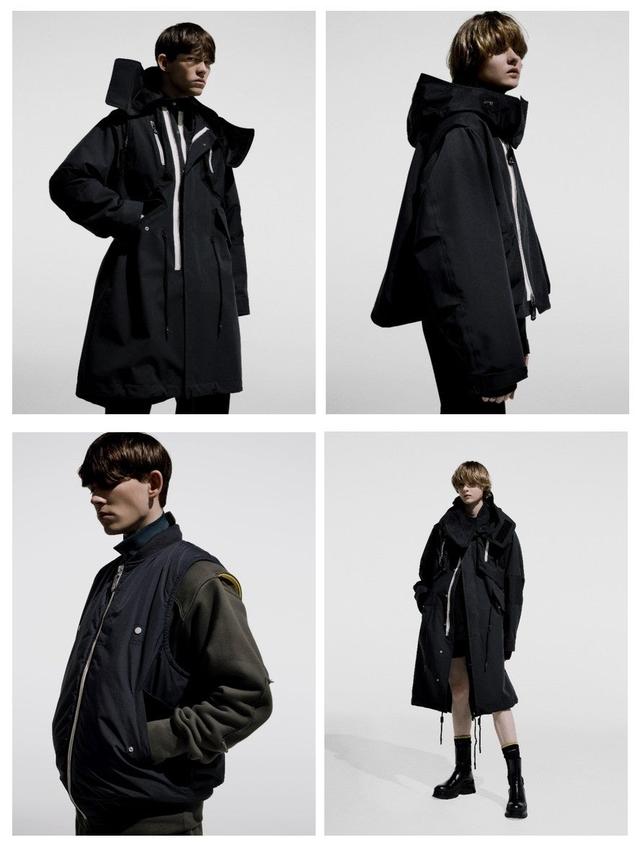 画像: フィッシュテールコート ￥176,000（左上）、マウンテンパーカー ￥99,000（右上）、中綿ベスト ￥66,000（左下）、フィッシュテールコート ￥143,000　※すべて税込み