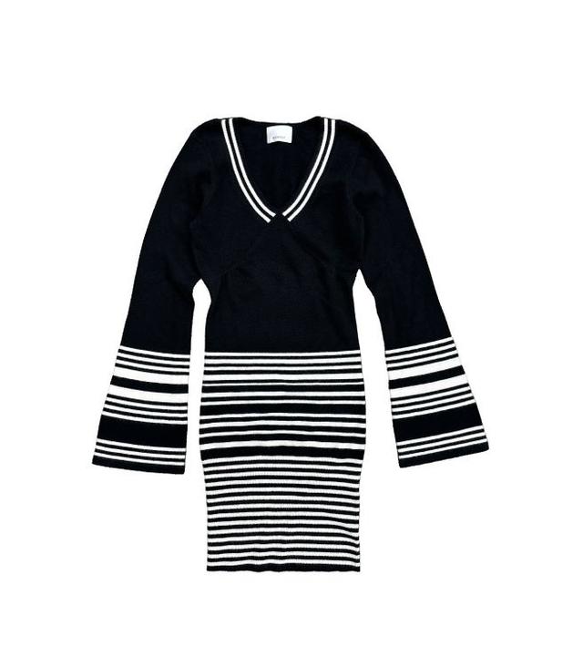 画像: 125108306001 深Vネックボーダーニットワンピース \8,990tax in BLACK FREE