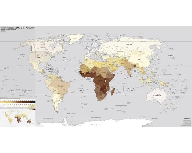 画像: 人類の移動地図（Human Displacement Map）[下図、右]は、数世紀にわたる人口の移動を示し、人々の絶え間ない移動と交流の歴史を表しています。
