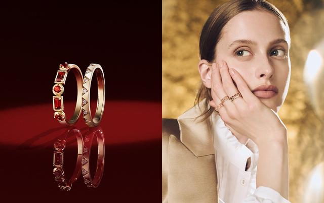 画像: 2本セットリング（モデル薬指・右画像）：￥249,700（K18YG,ガーネット,ダイヤモンド）　　　　　　　　　　　　　　　ダイヤモンドリング（モデル中指）：￥198,000（K18YG,ダイヤモンド）　　　　　　　　　　　　　　　　　　　　　　　ダイヤモンドリング（モデル人差し指）：￥198,000（K18YG,ダイヤモンド）